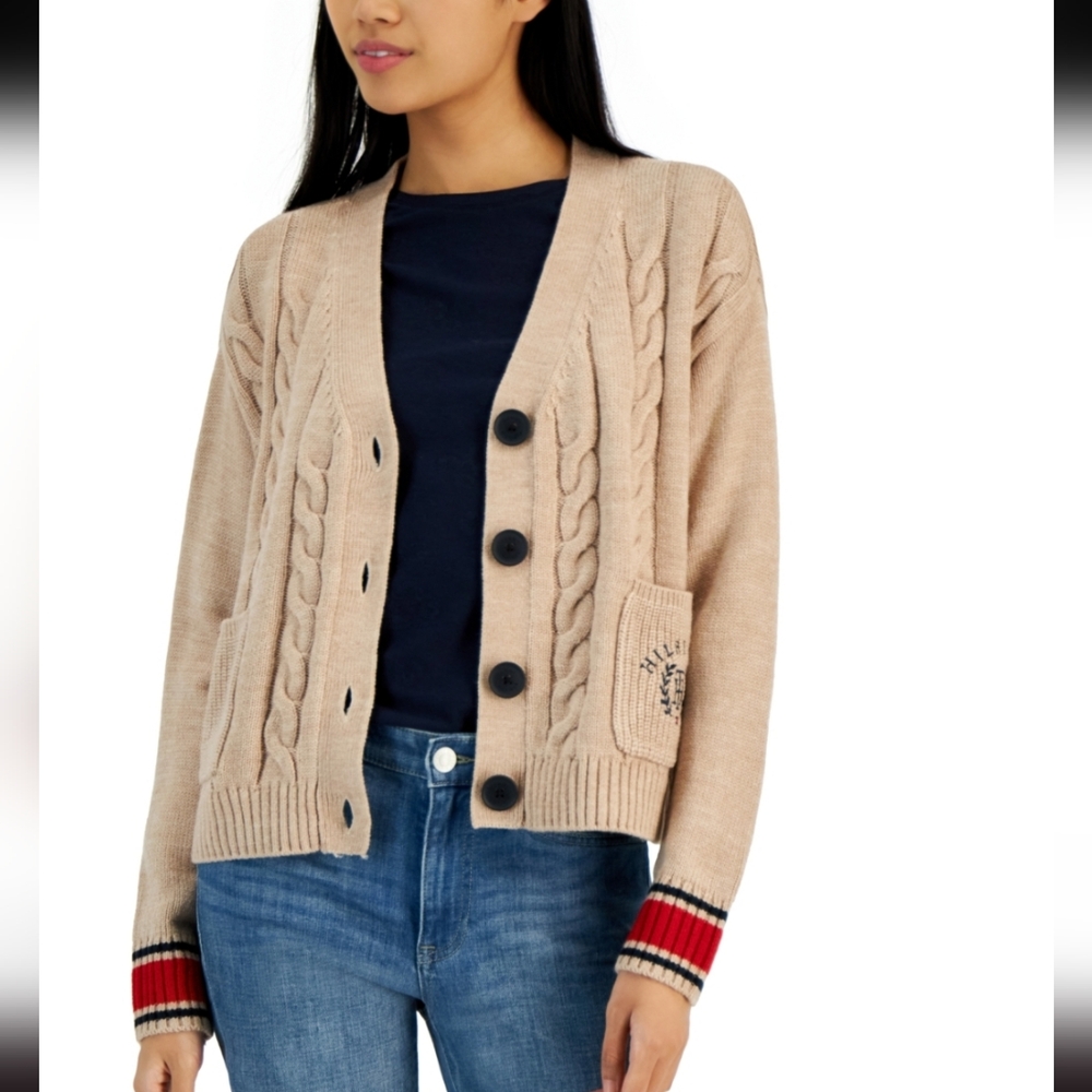 Beige Cable Knit Front Button Cardigan Sweater